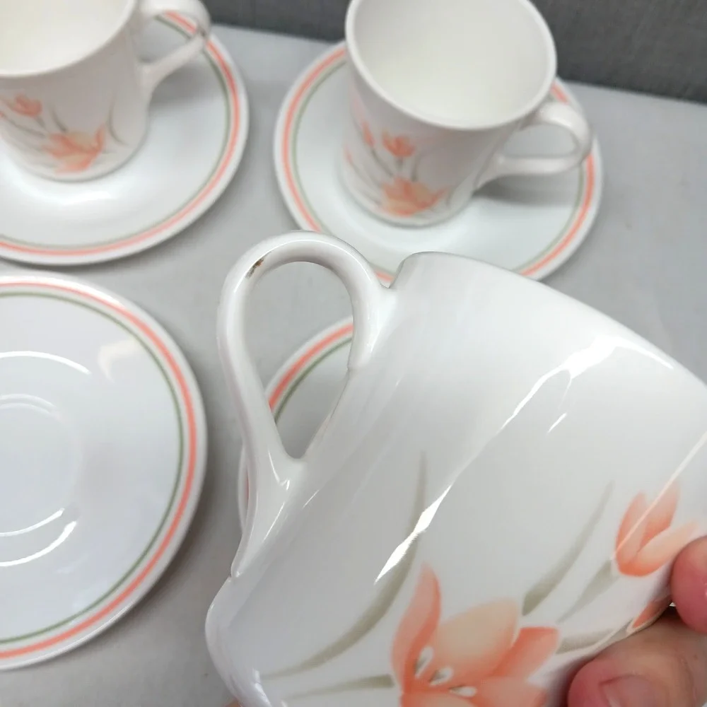 Vintage Corelle Peach Floral Cup Saucer Set‎ 4 Pink Green Stripe USA